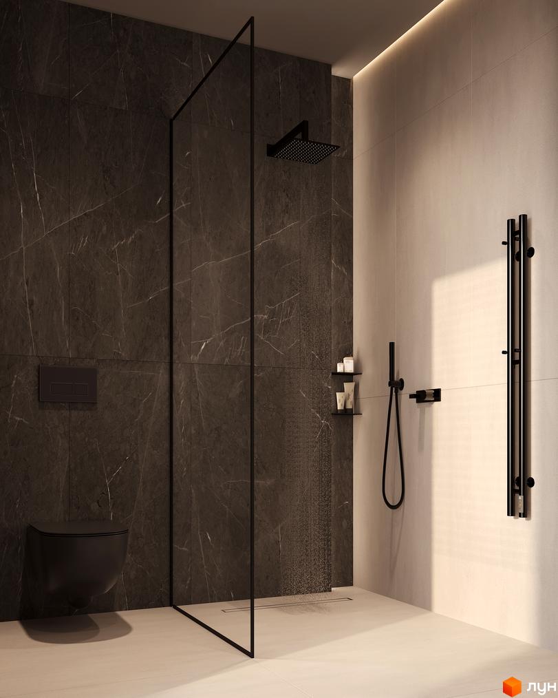 Інтер'єр ванної кімнати в стилі мінімалізм з мармуровою плиткою та чорною сантехнікою. Сучасний дизайн для комфортного життя.
