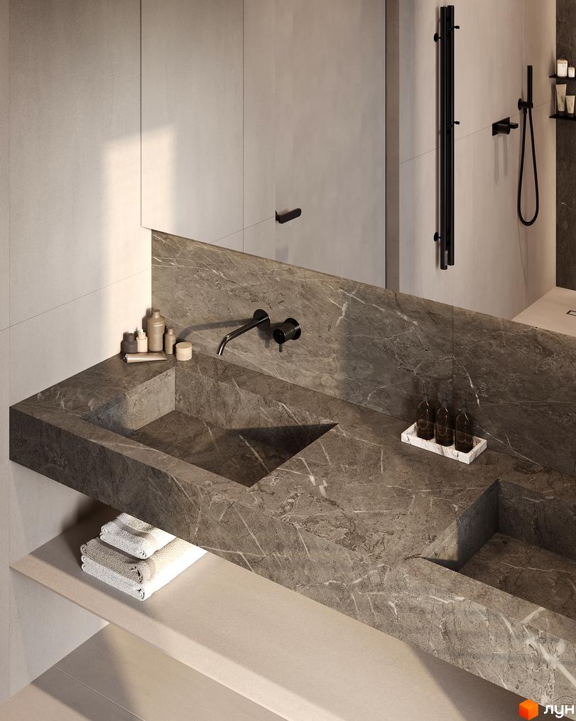 Дизайн ванної кімнати в новобудові КМ Sofia Village з мармуровою стільницею та вбудованою раковиною. Сучасна сантехніка та аксесуари.