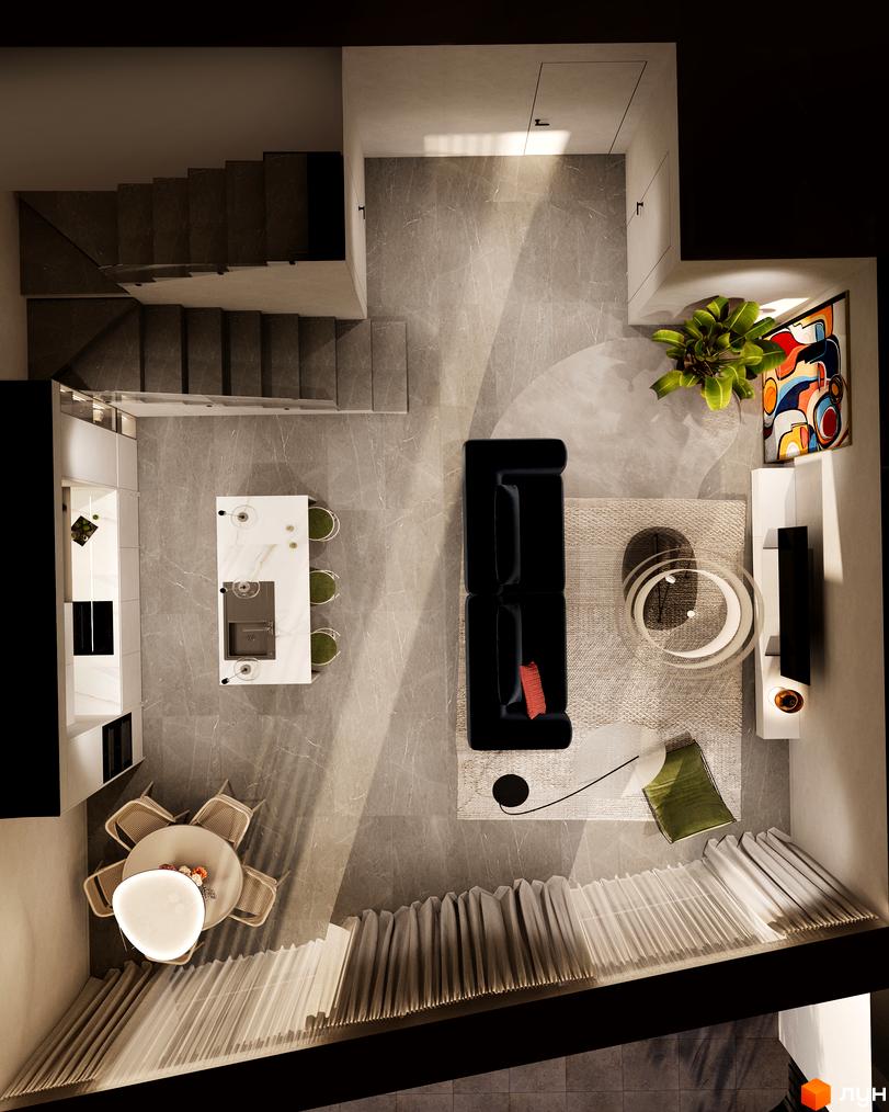 Інтер'єр квартири в КМ Sofia Village: кухня-вітальня з островом, обідня зона, сходи. Сучасне планування житлового комплексу.