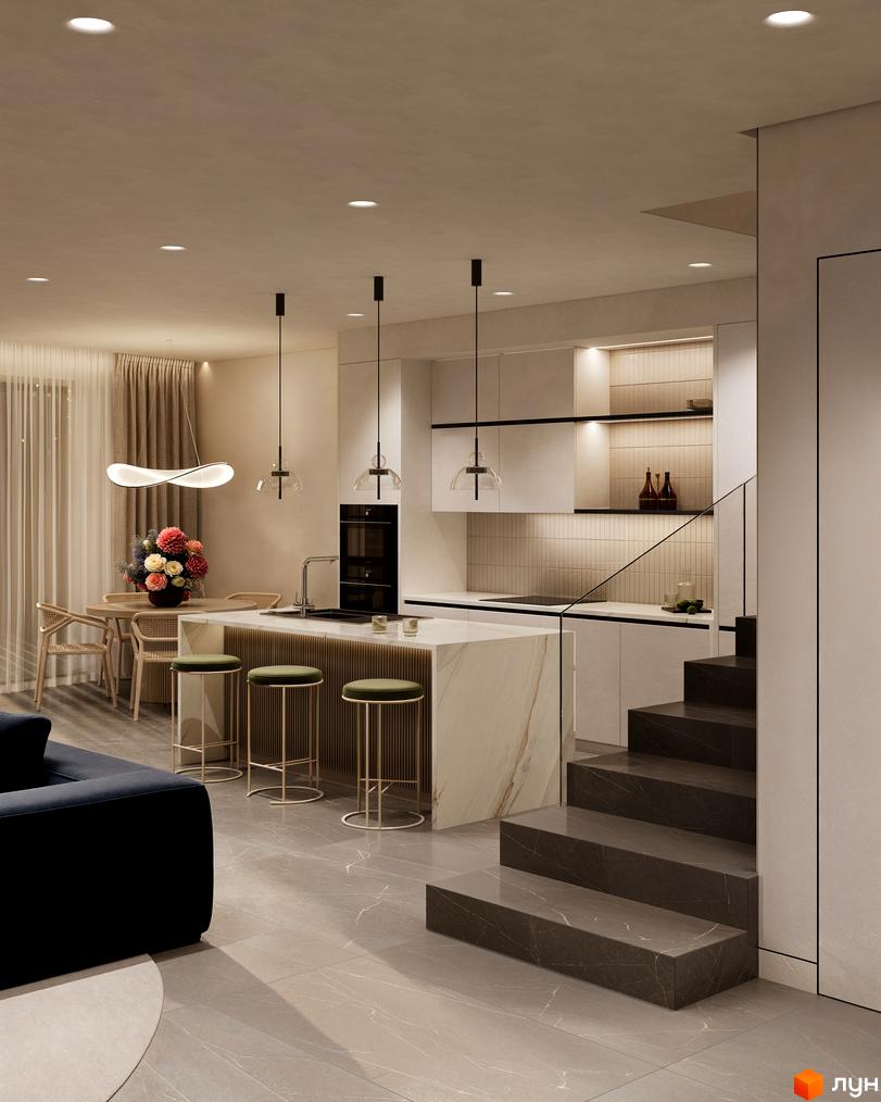 Інтер'єр кухні-вітальні у житловому комплексі КМ Sofia Village з мармуровим островом, барними стільцями та обідньою зоною. Сучасний дизайн простору з акцентом на функціональність та естетику.