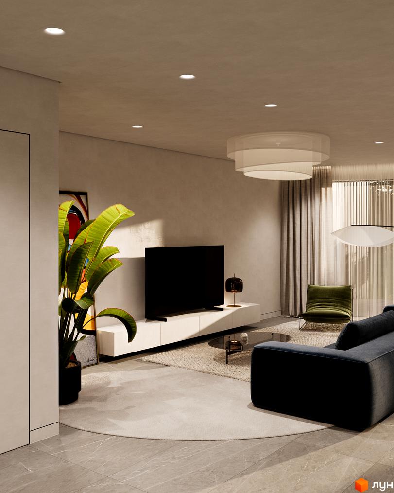 Інтер'єр вітальні в житловому комплексі KM Sofia Village з диваном, кріслом та телевізором. Простора кімната з великою рослиною та сучасними меблями.