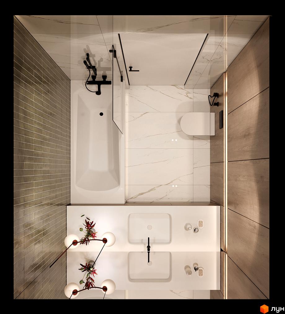 Дизайн ванної кімнати у КМ Sofia Village з ванною, двома раковинами та туалетом. Сучасний інтер'єр з мармуровою плиткою та дерев'яними панелями.