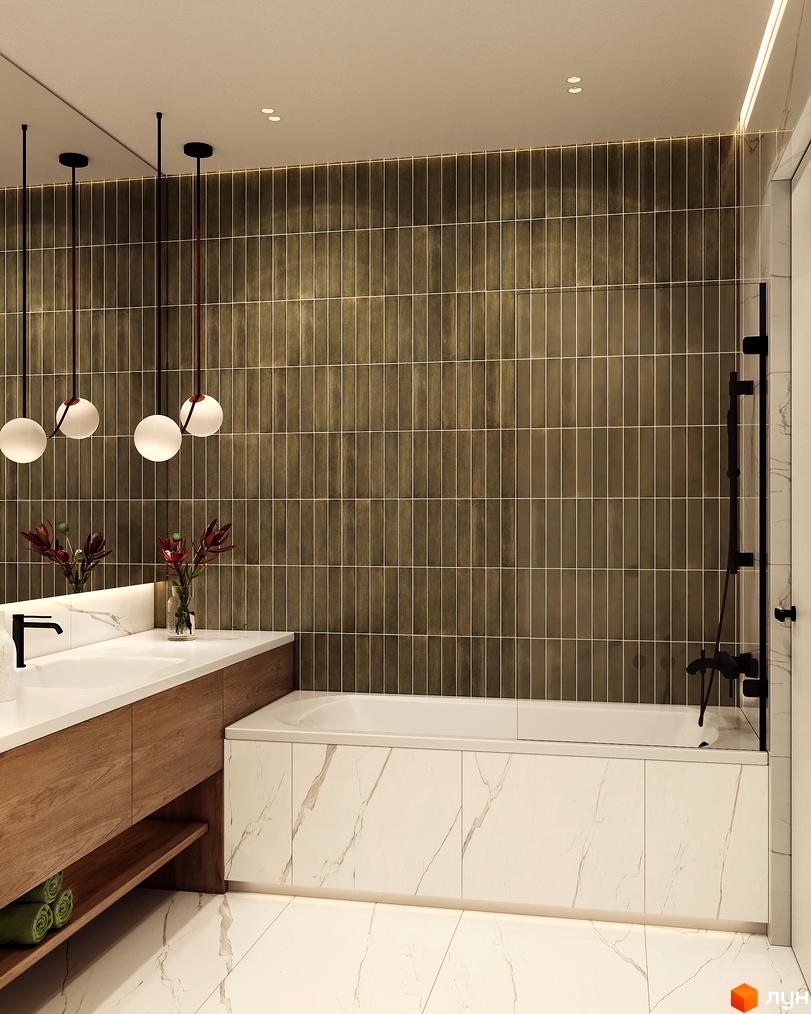 Інтер'єр ванної кімнати в КМ Sofia Village з великою плиткою на стінах та підлозі, дерев'яною тумбою та ванною.