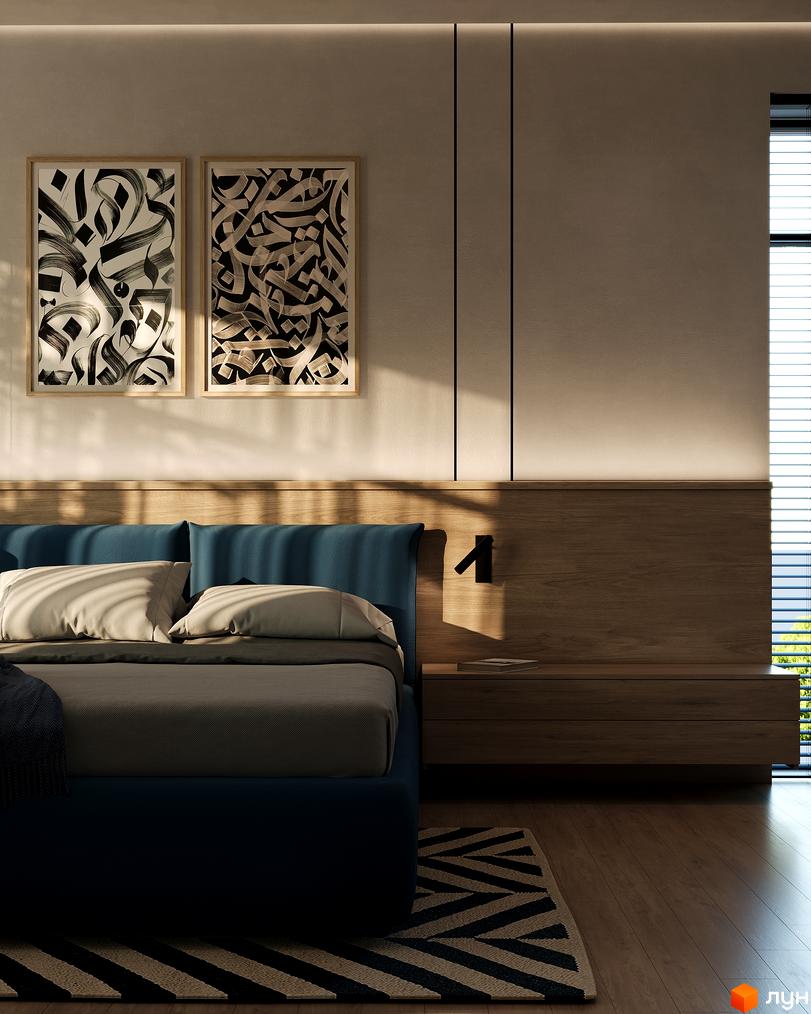 Спальня в котеджному містечку КМ Sofia Village з двома картинами в стилі каліграфії над ліжком та дерев'яним узголів'ям.