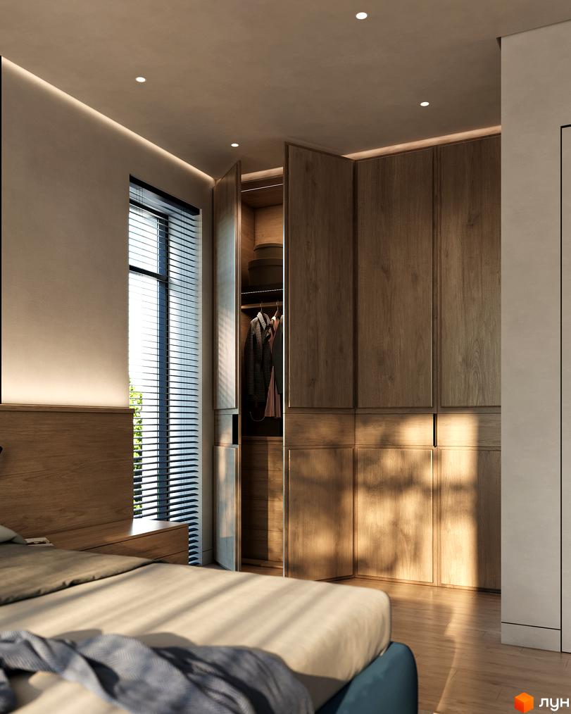 Інтер'єр спальні в житловому комплексі КМ Sofia Village з дерев'яною шафою та ліжком. Вікно з жалюзі.