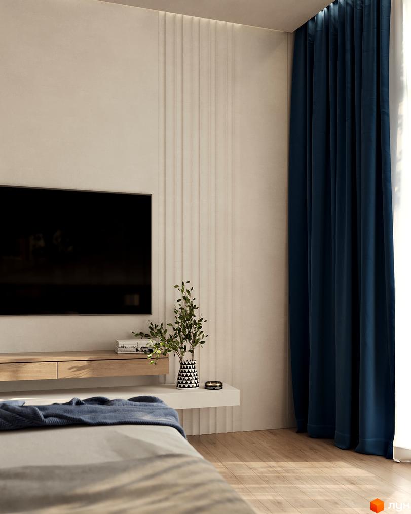 Інтер'єр спальні в житловому комплексі КМ Sofia Village з телевізором, тумбою та шторами.