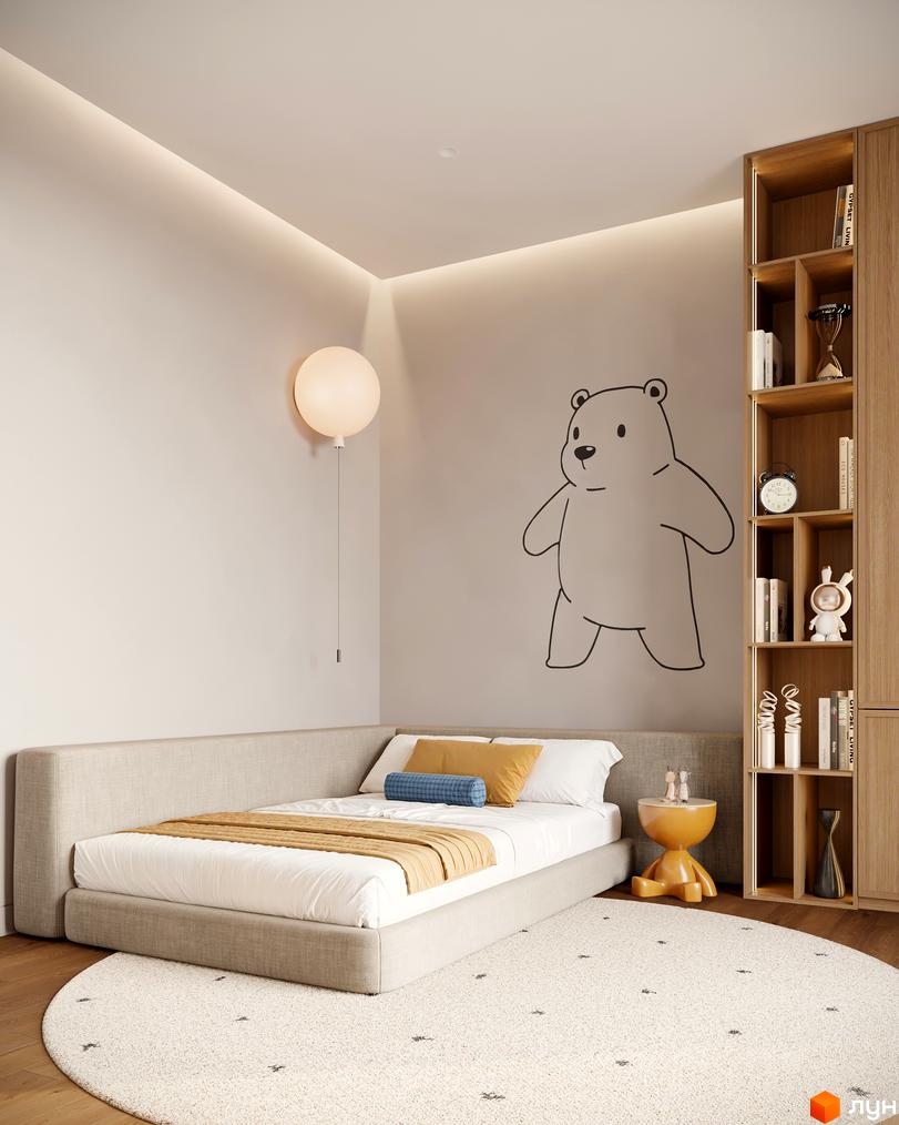 Інтер'єр дитячої кімнати в КМ Sofia Village з ліжком, книжковою шафою та декором у вигляді ведмедика. Затишна атмосфера для дитини.