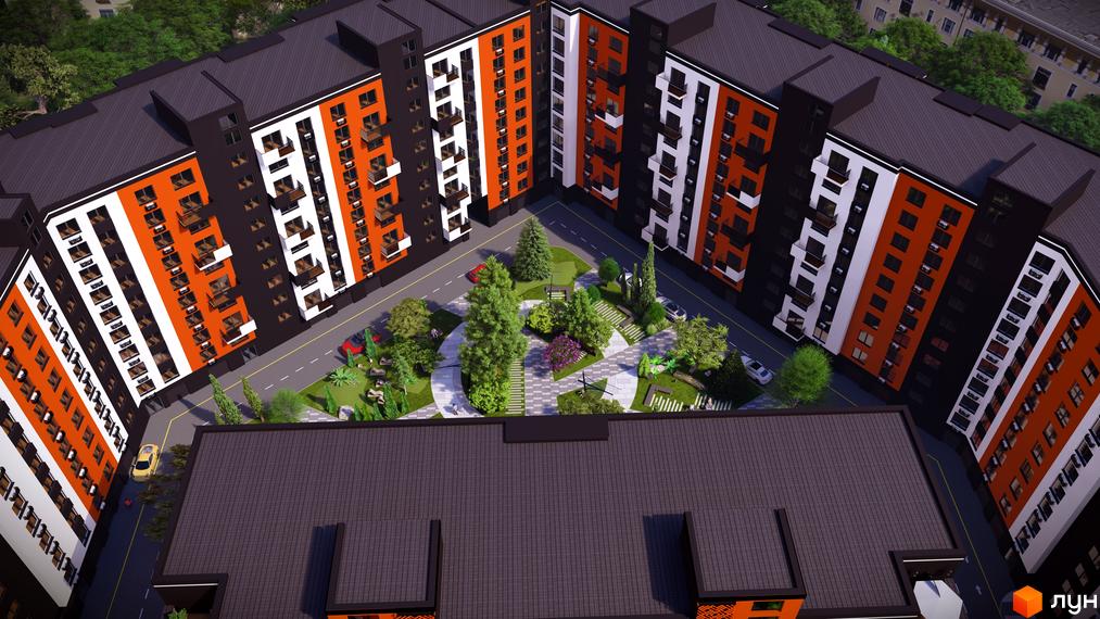 Житловий комплекс СКАНДИНАВІЯ має вигляд багатоповерхових будинків з оранжево-білими фасадами, що оточують зелене подвір'я з деревами та лавками.