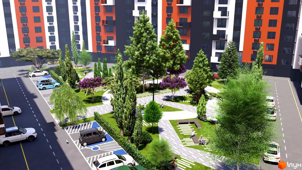 Будівельний проєкт СКАНДИНАВІЯ з яскравим фасадом та доглянутою прибудинковою територією з деревами та місцями для відпочинку.