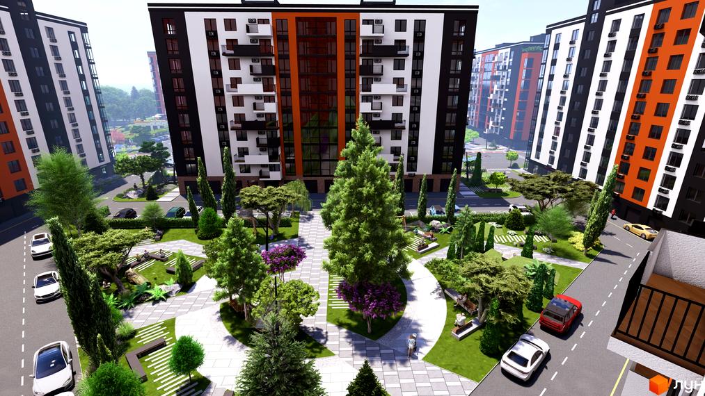 Житловий комплекс СКАНДИНАВІЯ з яскравими фасадами та доглянутою прибудинковою територією з деревами та зонами відпочинку.