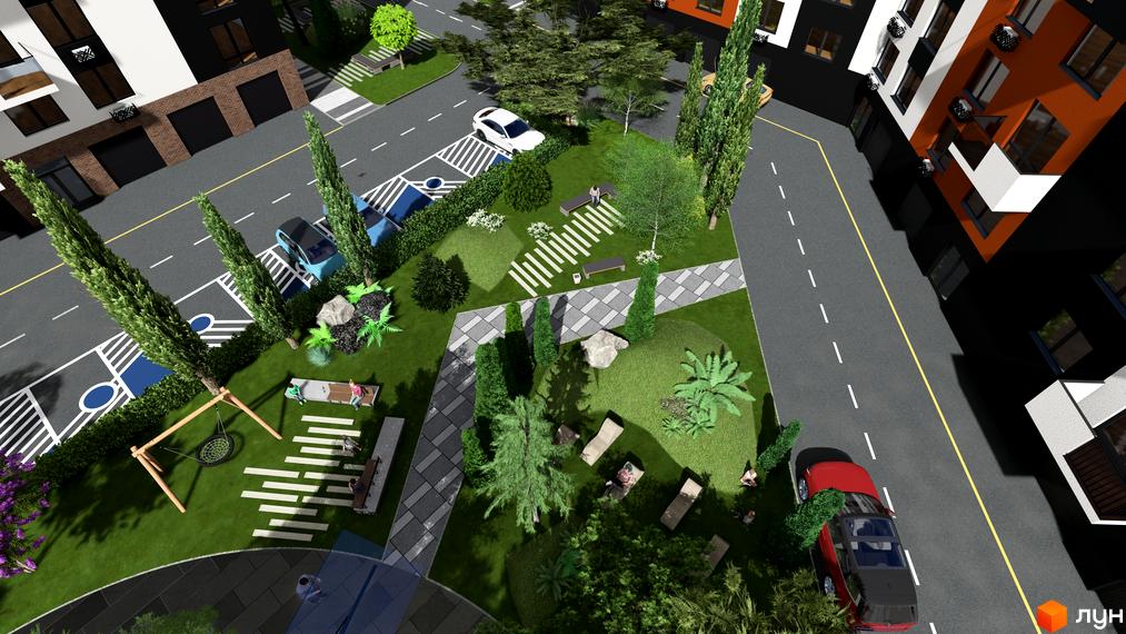 Житловий комплекс СКАНДИНАВІЯ з сучасними будинками та доглянутою прибудинковою територією, що включає зелені зони, дитячий майданчик та зони відпочинку.