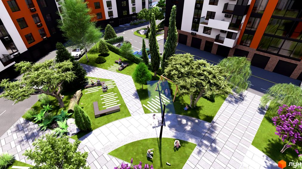 Житловий комплекс СКАНДИНАВІЯ: фасади будинків з помаранчевими та білими елементами, зелена прибудинкова територія з дитячим майданчиком та зонами відпочинку.