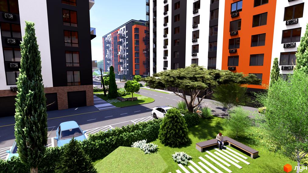 Житловий комплекс СКАНДИНАВІЯ: фасади будівель з оранжевими та чорними елементами, прибудинкова територія з деревами, газоном та лавками.