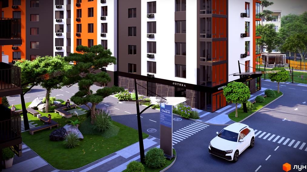 Житловий комплекс SCANDINAVIA: фасади будівель з оранжевими та сірими елементами, прибудинкова територія з деревами, лавками та дорогою.