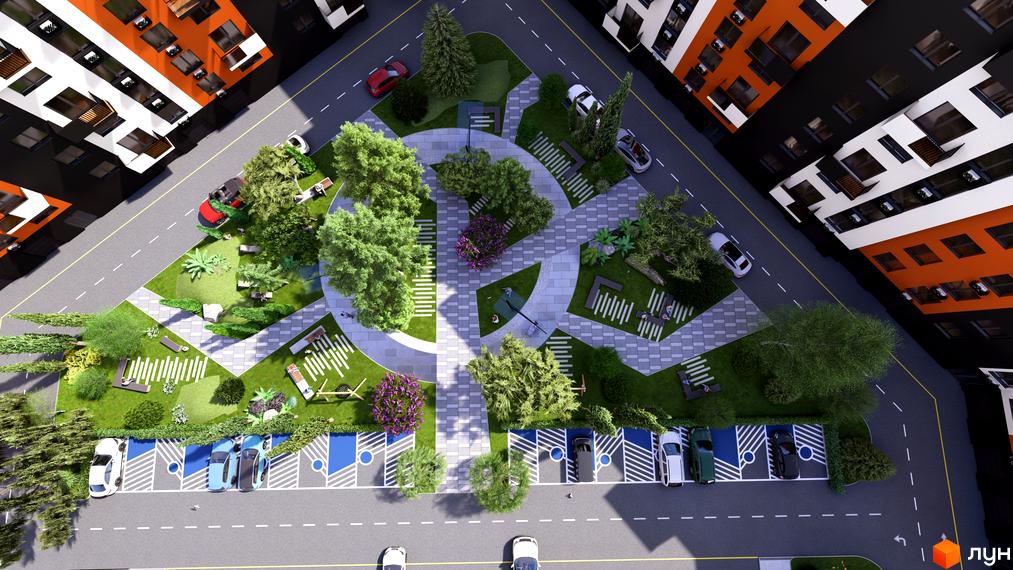 Житловий комплекс СКАНДИНАВІЯ з фасадами чорного, білого та оранжевого кольорів. Прибудинкова територія з зонами відпочинку, зеленими насадженнями та парковкою.