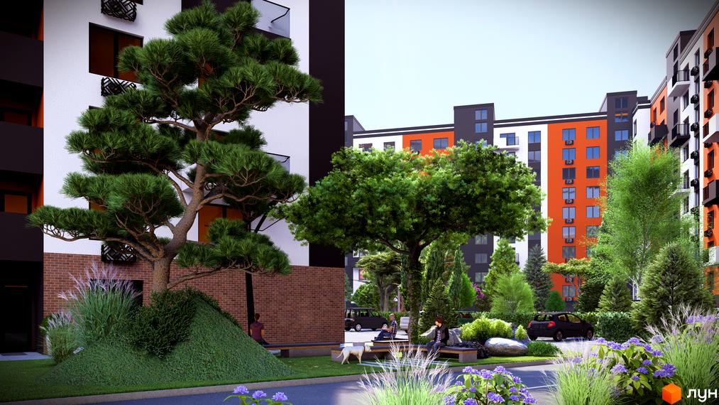 Житловий комплекс СКАНДИНАВІЯ з яскравими фасадами та доглянутою прибудинковою територією з деревами та зонами відпочинку.