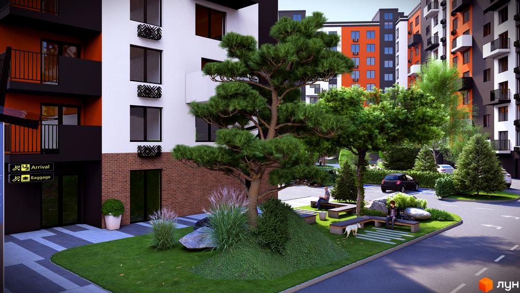 Житловий комплекс СКАНДИНАВІЯ з фасадами в помаранчевих та сірих тонах, з балконами та зеленими насадженнями на прибудинковій території.