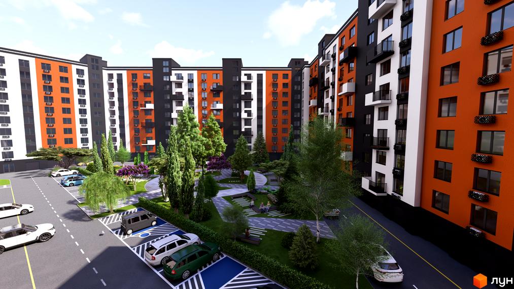 Житловий комплекс СКАНДИНАВІЯ з яскравим фасадом та доглянутою прибудинковою територією з деревами та зонами відпочинку.