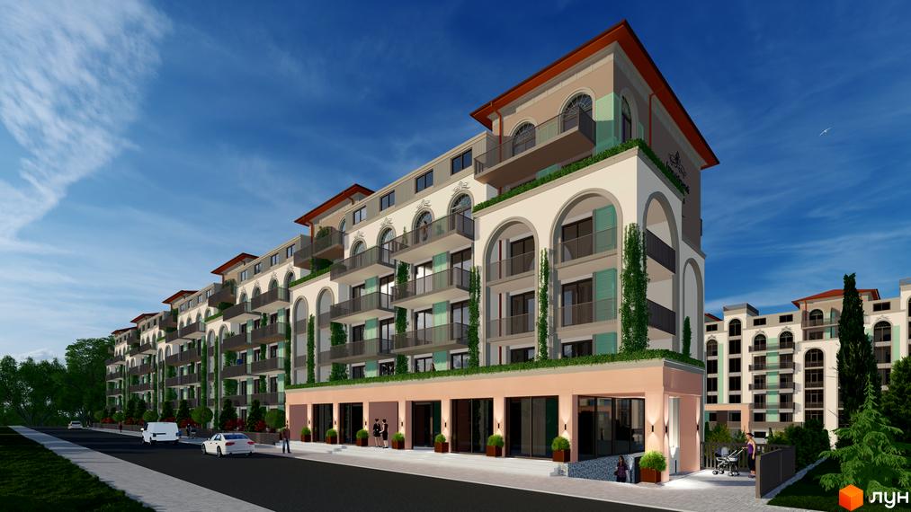 Житловий комплекс Італійський квартал з аркадами та балконами, прибудинкова територія з деревами та дорогою.