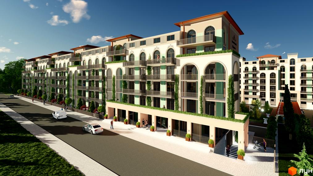 Житловий комплекс Італійський квартал з арковими вікнами та балконами, зеленню та доглянутою прибудинковою територією.