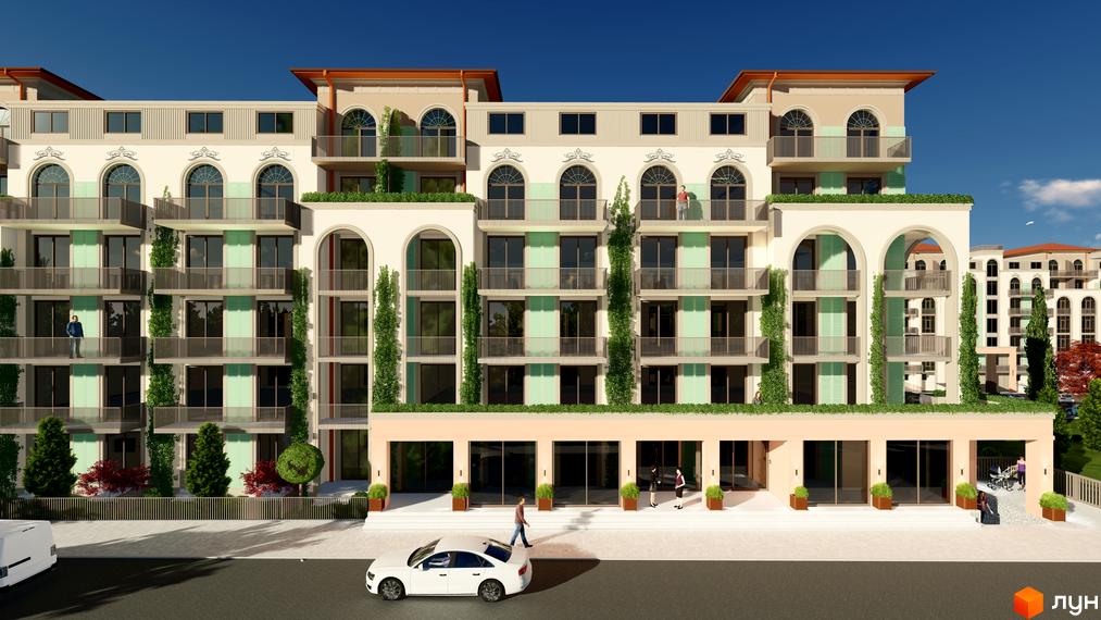 Житловий комплекс Італійський квартал з архітектурою в італійському стилі, балконами та зеленими насадженнями. На прибудинковій території розташовані дерева та доглянуті кущі.