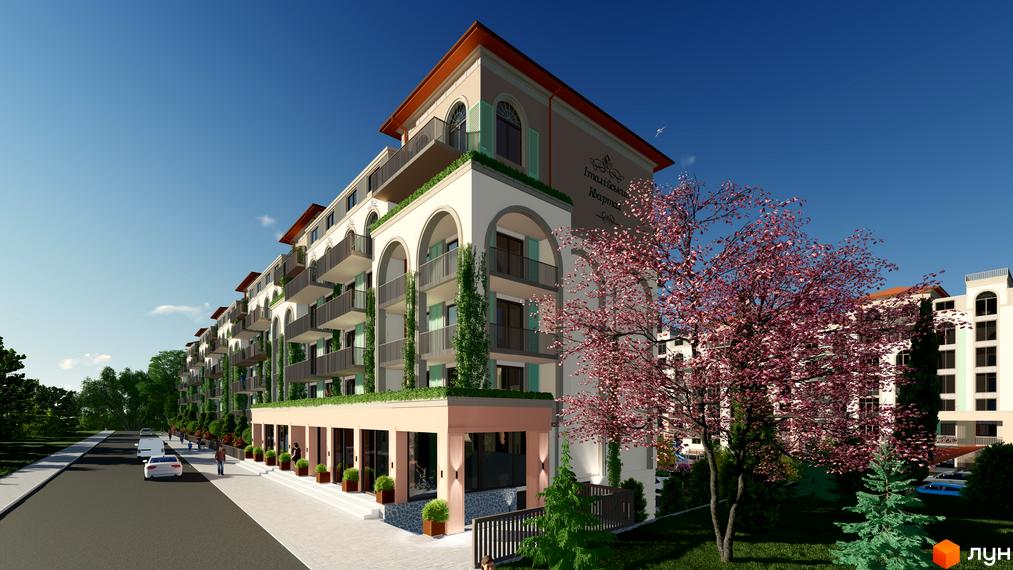 Зовнішній вигляд житлового комплексу Італійський квартал з балконами та арками, оточений деревами та квітковими рослинами.