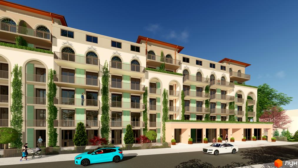 Житловий комплекс Італійський квартал з балконами та арковими вікнами, з зеленими насадженнями та дорогою з автомобілями.