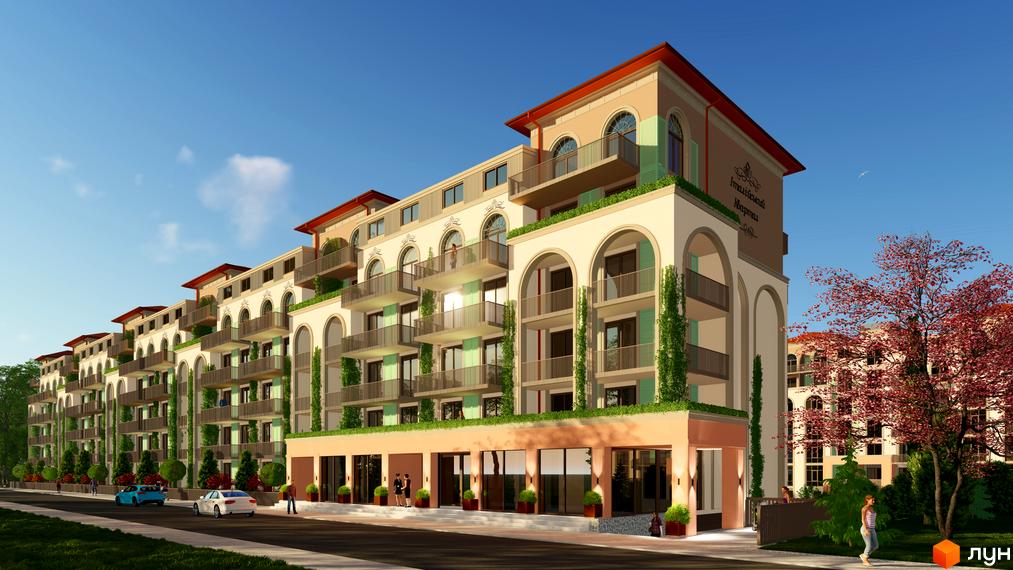 Житловий комплекс Італійський квартал - це багатоповерхова новобудова з балконами та арками. Територія навколо будинку озеленена, є дорога та тротуар.