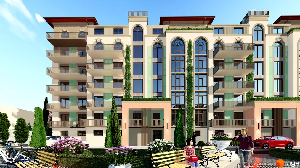 Житловий комплекс Італійський квартал. Фасад будівлі з балконами та арочними вікнами, прибудинкова територія з лавками та квітами.