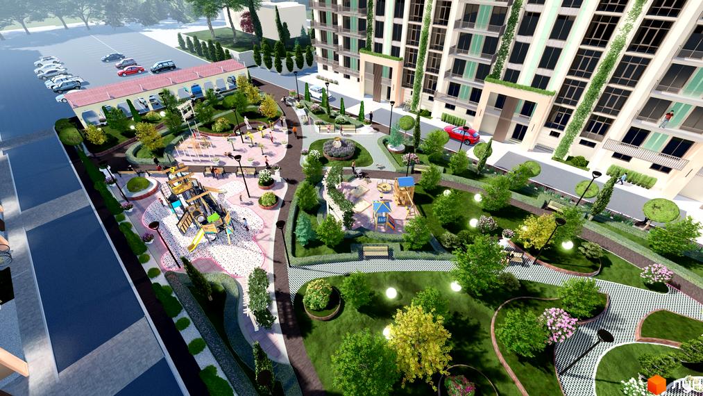 Житловий комплекс Італійський квартал з багатоповерховими будинками та облаштованою прибудинковою територією, дитячими майданчиками та зонами відпочинку.