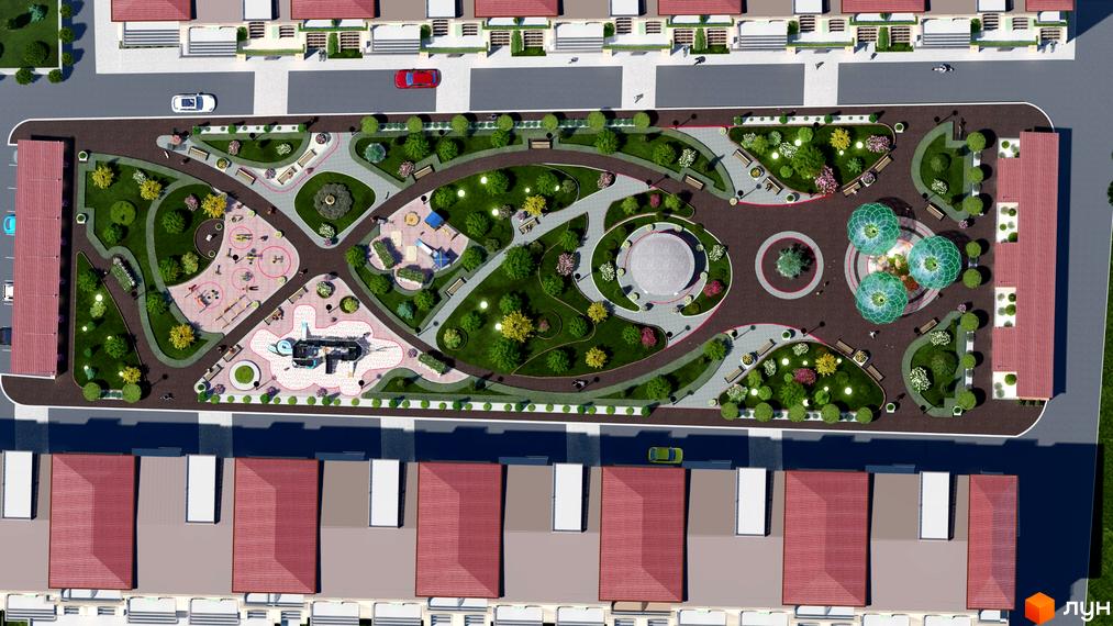 Житловий комплекс Італійський квартал: вид зверху на забудову та зелену прибудинкову територію з дитячим майданчиком та зонами відпочинку.