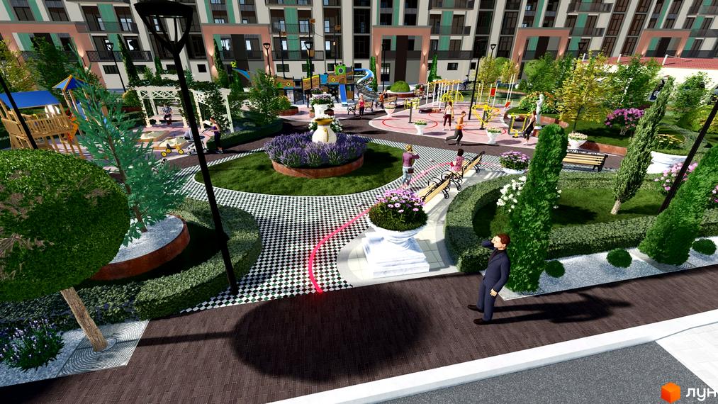 Житловий комплекс Італійський квартал: сучасний фасад будинку та зелена прибудинкова територія з дитячим майданчиком та зонами відпочинку.