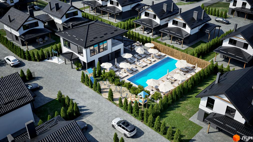 Котеджне містечко Буде Дім. Годовиця: будинки з темними дахами та світлими фасадами, прибудинкова територія має басейн, зону відпочинку та дитячий майданчик.