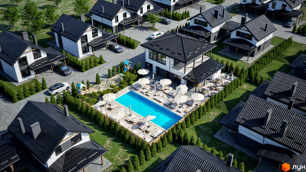 Котеджне містечко Буде Дім. Годовиця, вид зверху на будинки з чорними дахами та білими фасадами, басейн з шезлонгами та дитячий майданчик.