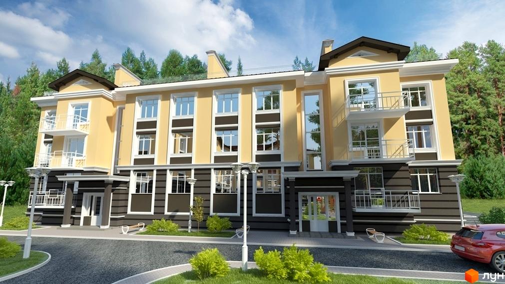 Зображення фасаду будинку ЖК Лісова Буча. Триповерхова будівля з великими вікнами та балконами. На прибудинковій території зелені насадження та асфальтована дорога.