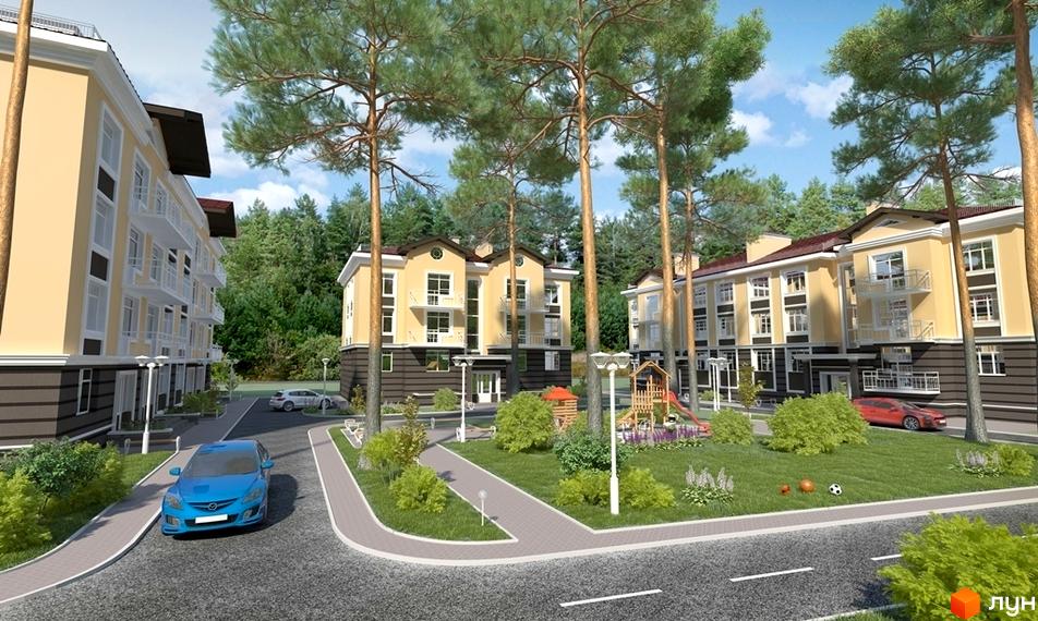 Житловий комплекс Лісова Буча. Житловий будинок з жовтим фасадом та балконами. На території є дитячий майданчик, зелені насадження та парковка для автомобілів.