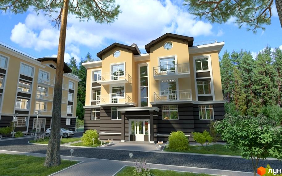 Триповерховий будинок з жовтими стінами та білими балконами. На прибудинковій території є дерева, газон та асфальтована дорога.