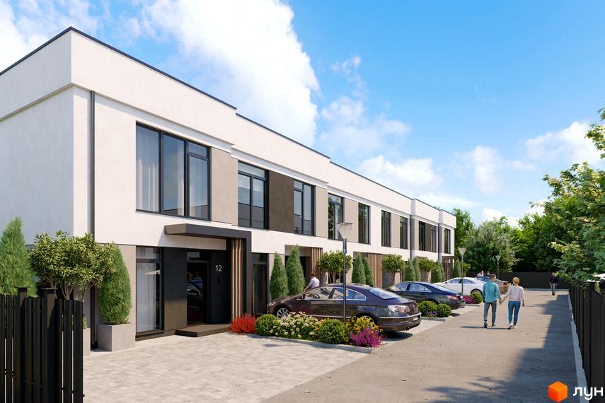 Зображення Котеджного містечка Міланж з фасадом будинку та прибудинковою територією. На передньому плані автомобілі та пішоходи.