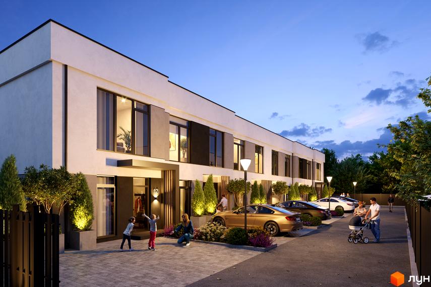 Зображення Котеджного містечка Міланж: триповерхові будинки з великими вікнами та припаркованими авто, на подвір'ї граються діти.