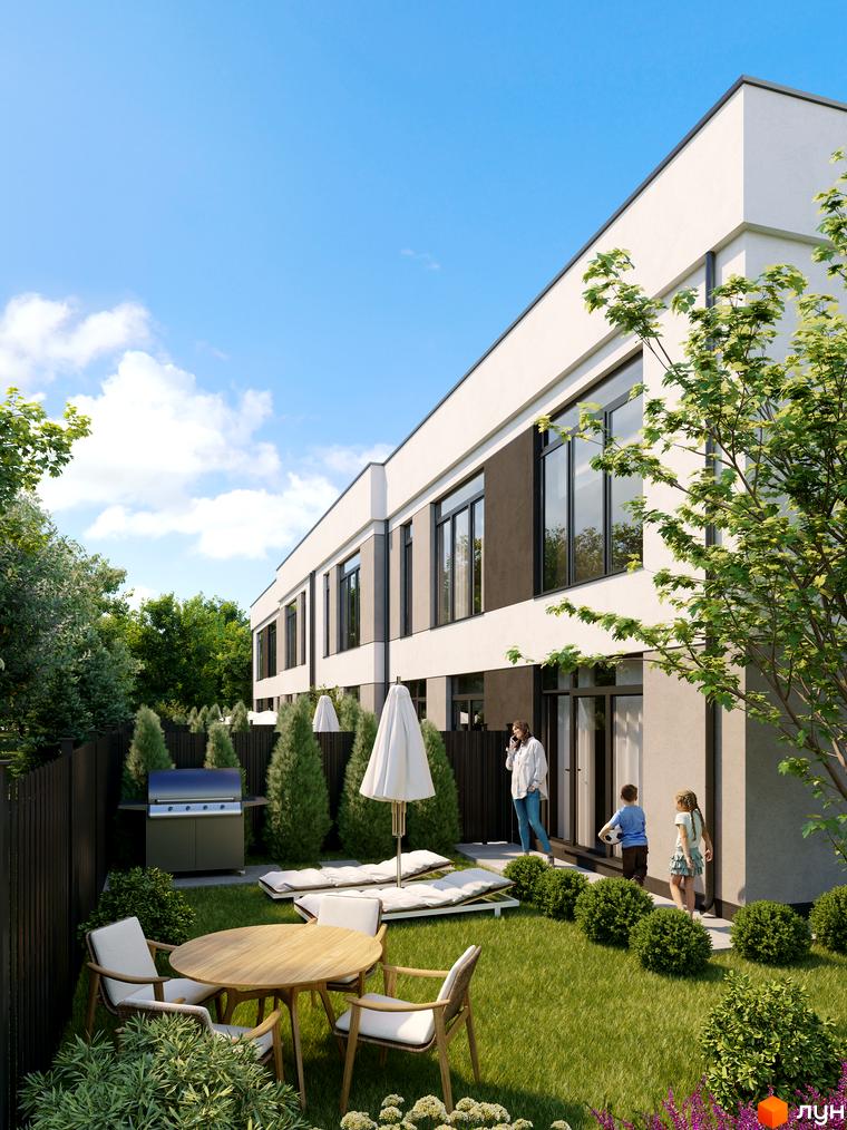 Зображення Котеджного містечка Міланж з двоповерховими будинками та зеленим подвір'ям з газоном, деревами та зоною для відпочинку.