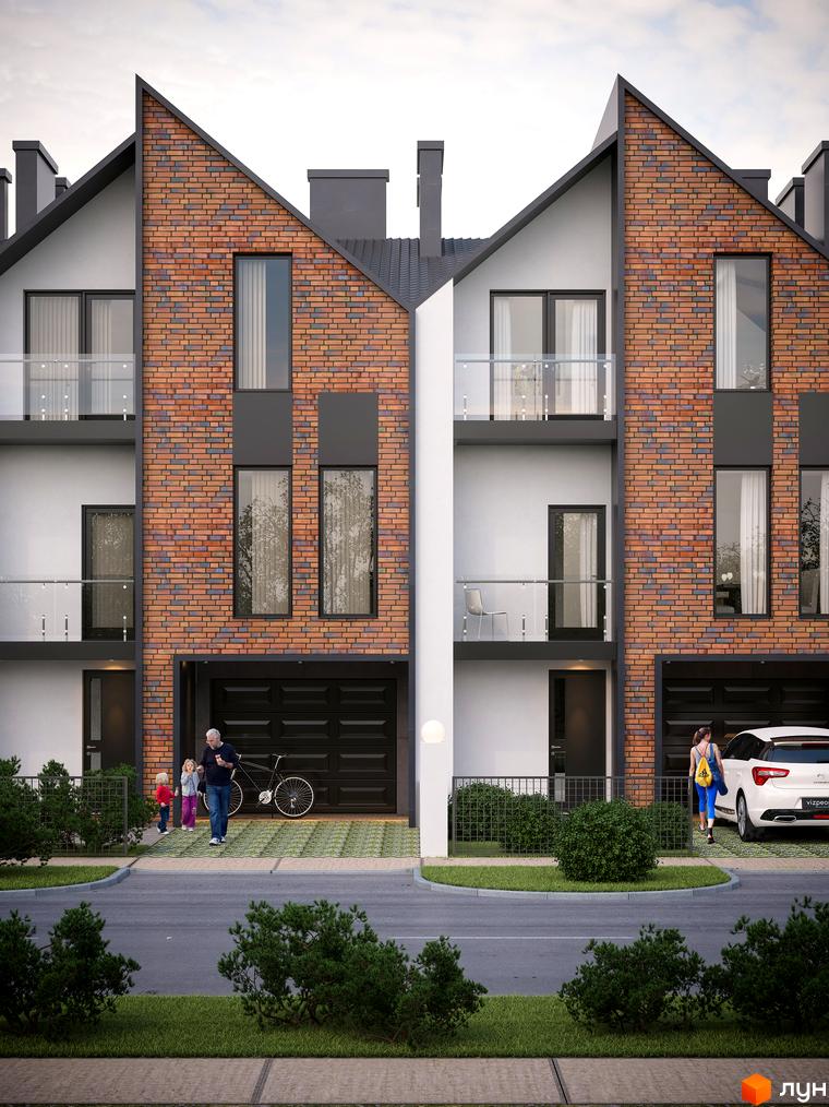 Зображення фасаду таунхаусів Terra House з червоної цегли з великими вікнами та гаражем. Перед будинком зелені насадження та пішохідна зона.