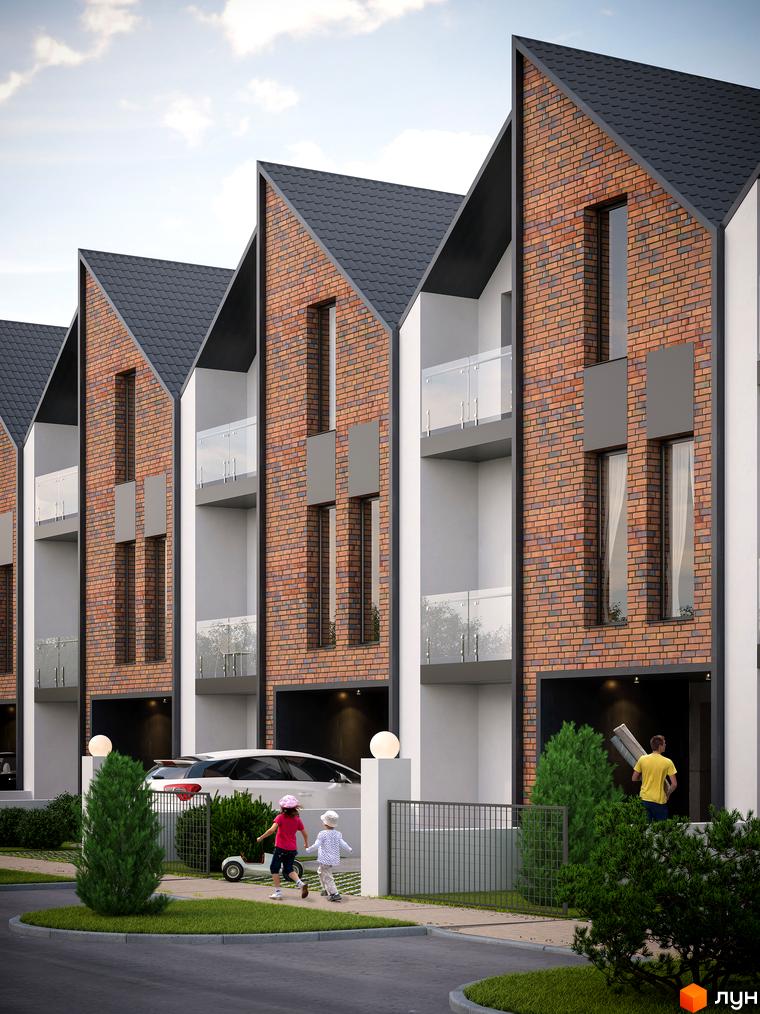 Зображення таунхаусів Terra House з червоної цегли з темними дахами. На передньому плані діти граються на зеленій галявині.
