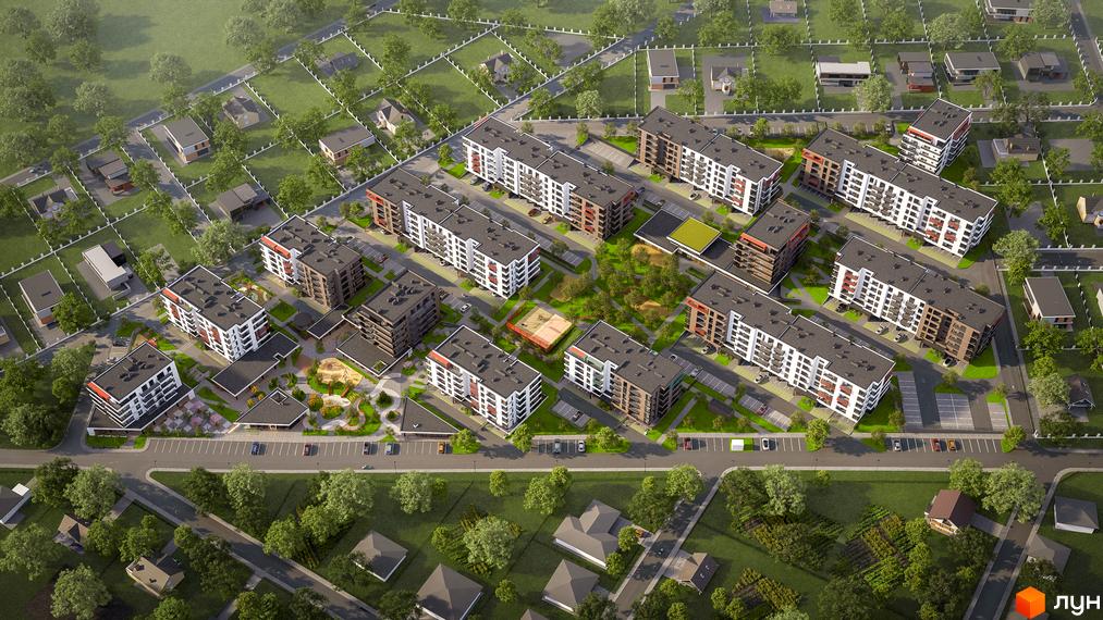 Зображення Житлового комплексу AURA Resident з висоти пташиного польоту. На фото багатоповерхівки та зелена прибудинкова територія.