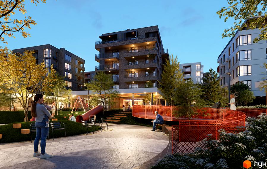 Зображення ЖК AURA Resident з виглядом на будівлю та прибудинкову територію з дитячим майданчиком.