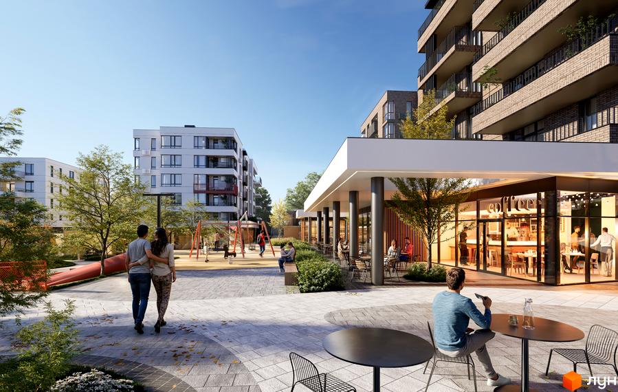 Зображення Житлового комплексу AURA Resident з виглядом на двір з дитячим майданчиком та кафе. На передньому плані пара прогулюється пішохідною зоною.