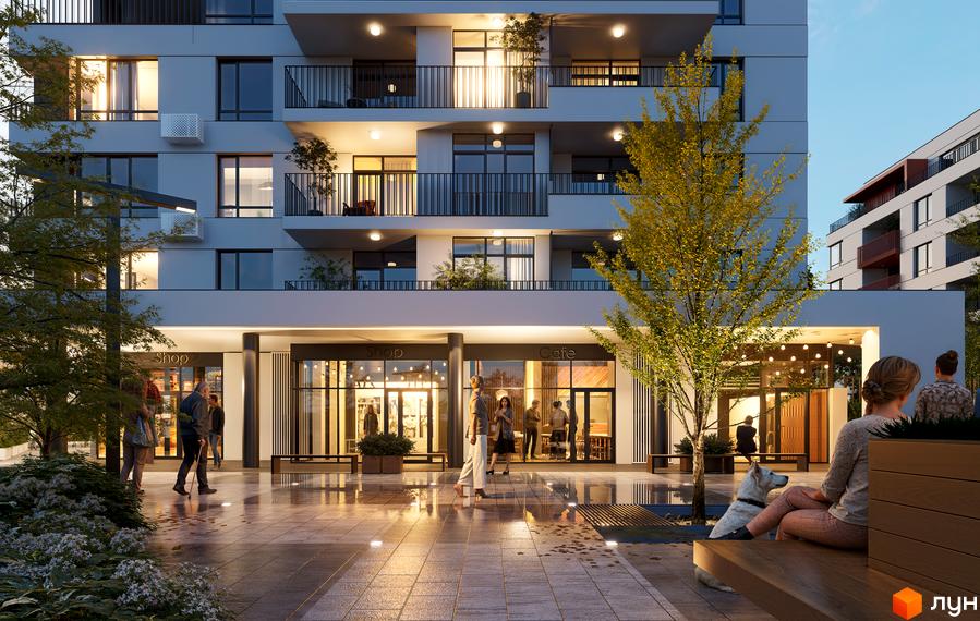 Зображення фасаду Новобудови AURA Resident з магазинами на першому поверсі. На передньому плані люди та лавочки.