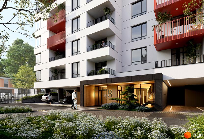 Зображення фасаду Житлового комплексу AURA Resident з червоними балконами та прибудинковою територією з квітучими рослинами.