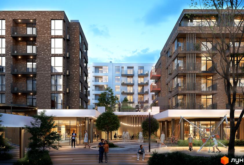 Зображення фасаду та внутрішнього двору Новобудови AURA Resident з ландшафтним дизайном та дитячим майданчиком.