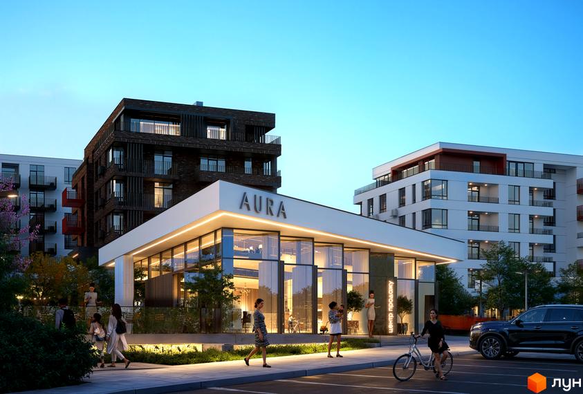 Зображення будівлі AURA Resident з великими вікнами та написом на даху. Навколо будівлі видно пішоходів та припаркований автомобіль.