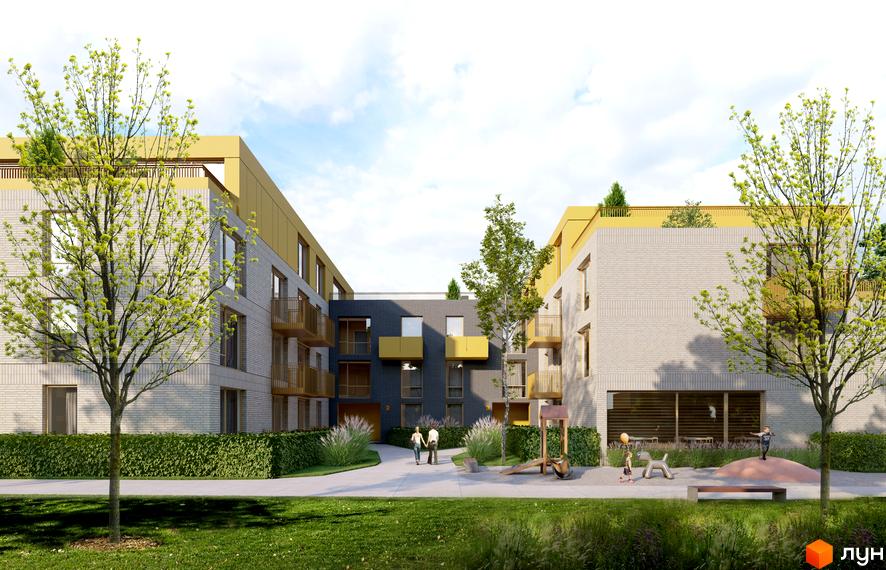 Зображення фасаду та прибудинкової території Житлового комплексу Woodside. На подвір'ї розташовані дитячий майданчик та зелені насадження.